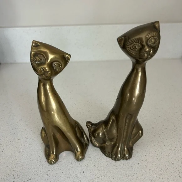 Brass Cats Mid Century Modern Decor Statuettes Vintage Kitty MCM - Picture 2 of 6